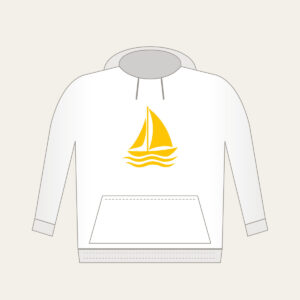 Little Sailboat on Three Ripples Hoodie in white: A white and yellow sailboat glides above three ripple lines.