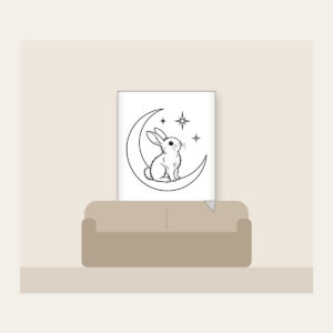 Line-Art Rabbit on a Crescent Moon Fleece Blanket in white: A white line-art rabbit sitting on a crescent moon with three stars.