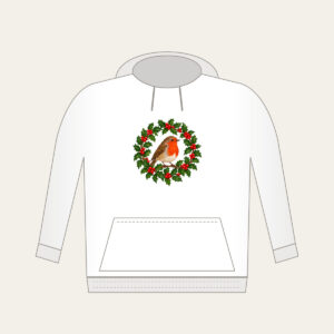 Robin in a Holly Wreath Hoodie in white: A robin perches in a holly wreath in red, brown and green.
