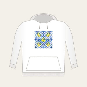 Cobalt Mediterranean Tiles with Lemons Hoodie in white: An all-over repeat of Mediterranean-style tiles in cobalt and white with small lemon accents.