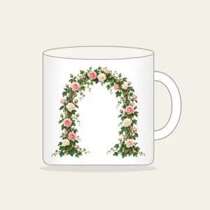 Rose and Ivy Garden Arch Mug in white: An arch of climbing roses and ivy in blush, deep green and cream, leaving generous open space in the middle.