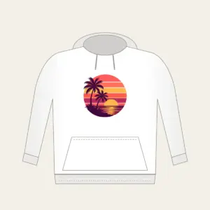 Palm Trees Against a Striped Sunset Hoodie in white: Palm trees stand against a striped sunset in coral, plum and gold.