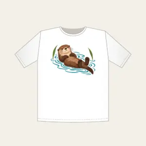 Floating Otter on Teal Ripples T-Shirt in white: A cocoa-brown otter floats on its back in teal ripple lines beside two reed leaves.