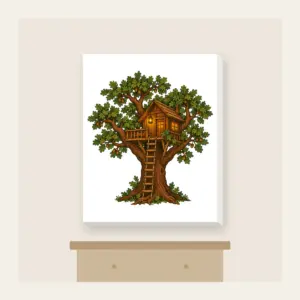 Oak Treehouse with Glowing Lantern Canvas Print in white: A treehouse in an oak tree with a glowing lantern in brown, green and amber.
