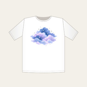 Dusk Clouds with Tiny Silver Stars T-Shirt in white: Gentle clouds in dusk blue and lilac are dotted with tiny silver stars.