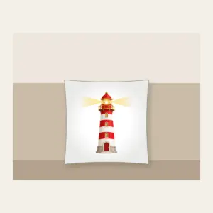 Striped Lighthouse Beam Pillow in white: A red and white striped lighthouse sends out a gentle golden beam of light.