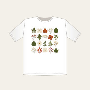 Pressed Leaf Specimen Grid T-Shirt in white: A grid of pressed leaves and blossoms in green, rust and cream with tiny index lines.