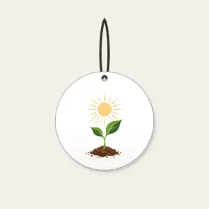Seedling Reaching for Sunbeams Ceramic Ornament in white: A young seedling stretches toward warm sunbeams in cream, green and brown.
