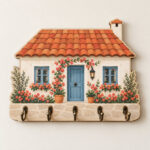 Cottage Garden Key Holder with layered wood pieces forming a cottage with a terracotta roof, a blue door and flower beds in coral and green, key hooks along the base