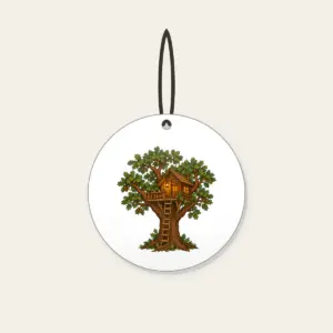 Oak Treehouse with Glowing Lantern Ceramic Ornament in white: A treehouse in an oak tree with a glowing lantern in brown, green and amber.