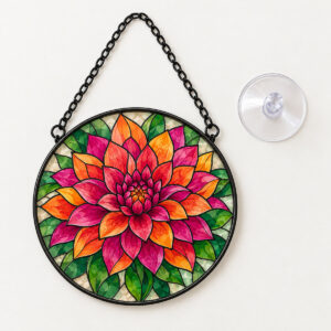 Stained Glass Dahlia Suncatcher with a dahlia drawn as a stained glass mosaic of magenta, orange and green with thin dark lead lines