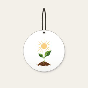 Seedling Reaching for Sunbeams Ceramic Ornament in white: A young seedling stretches toward warm sunbeams in cream, green and brown.