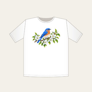 Bluebird on Blossoming Branch T-Shirt in white: A bluebird perches on a blossoming branch in blue, white and green.