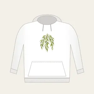 Weeping Willow Branches with Dewdrops Hoodie in white: Weeping willow branches in green and gold carry tiny dewdrops and small leaf pendants.