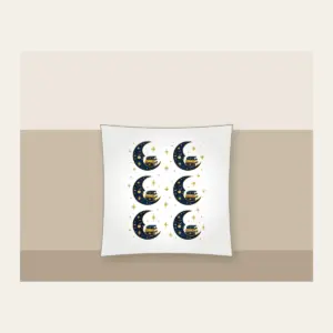 Crescent Moon with a Stack of Books Pillow in white: A crescent moon holds a small stack of books among tiny stars in navy and gold.