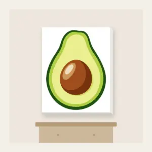 Halved Avocado Study Canvas Print in white: An avocado cut open in leaf green, with a warm brown pit and a pale cream highlight.