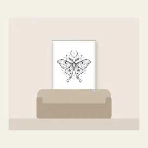 Moth, Stars and Crescent Moon Linework Fleece Blanket in white: A fine-line moth rests among tiny stars and a crescent moon in black.