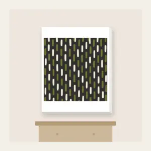 Staggered Olive Dashes on Charcoal Canvas Print in white: Short olive and cream dashes in a staggered rhythm on charcoal.