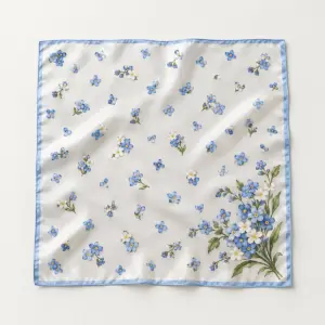 Forget-Me-Not Satin Handkerchief with a scatter of small forget-me-not flowers in blue and white with a larger sprig in one corner