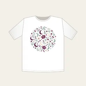 Crescent Moons and Wildflowers in Plum T-Shirt in white: Crescent moons, wildflowers and tiny stars repeat in plum, mint and cream.