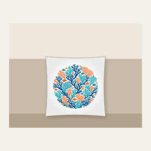 Branching Coral and Tiny Fish on Deep Blue Pillow in white: Branching coral and small fish in teal and orange swim across a deep blue background.