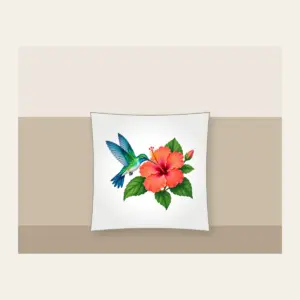 Hummingbird and Hibiscus Pillow in white: A hummingbird beside a coral hibiscus flower with green leaves on a pale teal field.
