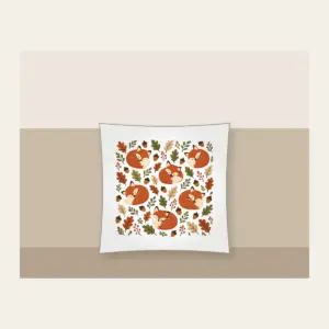Curled Foxes, Acorns and Leaves Pillow in white: Curled-up foxes, acorns and leaves repeat in rust, cream and moss.