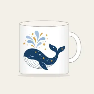 Starry Whale with Water Spout Mug in white: A friendly whale lifts a spout of water among tiny white and gold stars.