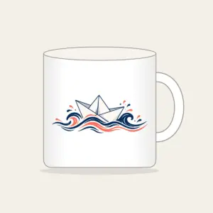 Folded Paper Boat on Navy Waves Mug in white: A folded paper boat on fine-lined waves in navy and coral.