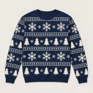 Snowfall Knit-Look Sweater with all-over snowflakes and pines in navy and cream