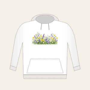 Wildflower Strip Beneath a Pale Sky Hoodie in white: A strip of yellow, purple and white wildflowers runs along the lower edge beneath a pale sky gradient.