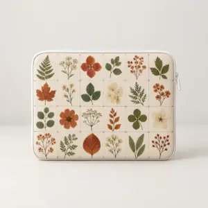 Botanical Specimen Laptop Sleeve with a grid of pressed leaves and blossoms in green, rust and cream with tiny index lines