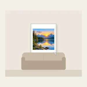 Quiet Lake at Sunrise with Pines Fleece Blanket in white: A calm lake at sunrise with a pine shoreline, edged by a thin white border.