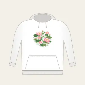 Lotus Blooms over Pond Ripples Hoodie in white: Lotus blooms float above pond ripples in pink, green and cream.