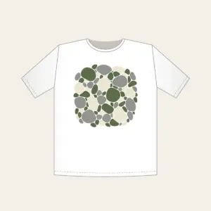 River Stones in Moss and Grey T-Shirt in white: Smooth river stones in moss green, grey and cream are traced with fine white outlines.