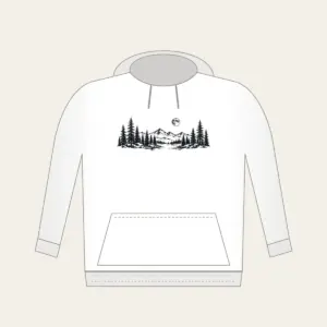 Pine Tree Line and Crescent Moon Hoodie in white: A single-tone pine tree in line drawing with a small moon curled around it.