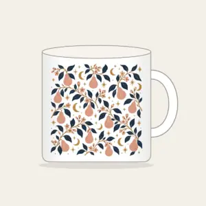 Pear Branches and Crescent Moons Mug in white: Pear branches, tiny crescent moons and stars repeat in dusty rose, gold and deep navy.