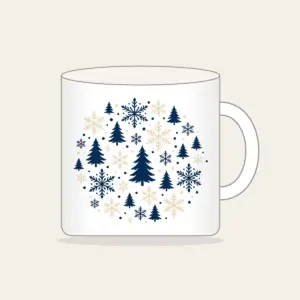 Snowflakes and Pines in Navy and Cream Mug in white: Snowflakes and pines repeat in navy and cream.