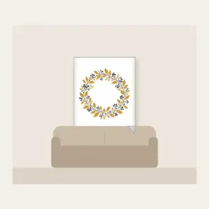 Gold Botanical Leaf and Berry Wreath Fleece Blanket in white: A fine botanical wreath of leaves and berries drawn in dark lines on a gold ground.