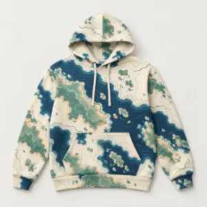 Wildcoast Contour Hoodie with a topographic contour pattern of coastline and islands in navy, sea green and sand on a cream base