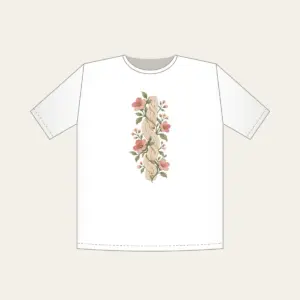Cable Pattern Twined with Little Flowers T-Shirt in white: A flat cable pattern entwined with small flowers in oatmeal, sage and rose.