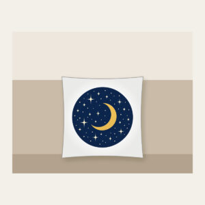 Midnight Stars and Golden Crescent Moon Pillow in white: A midnight-blue field with small cream stars and a gold crescent moon.