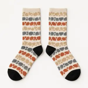 Pebble Stripe Socks with sand, slate and rust pebble stripe print with black toe and heel panels