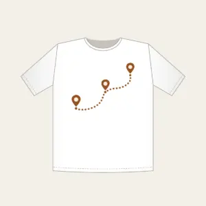 Dotted Route Linking Map Pins T-Shirt in white: A dotted route line connects small map pins in cream on warm brown.