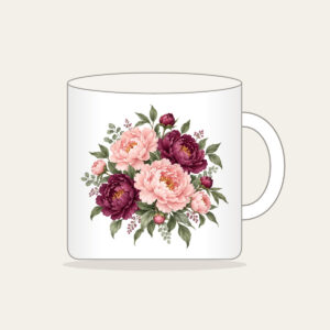 Blush and Plum Peony Clusters Mug in white: Full peony clusters in blush, plum and sage drift across the artwork in an all-over pattern.