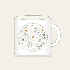Map Lines with Blooms and Stars Mug in white: Winding map lines carry small blooms and stars in sage, cream and ochre.