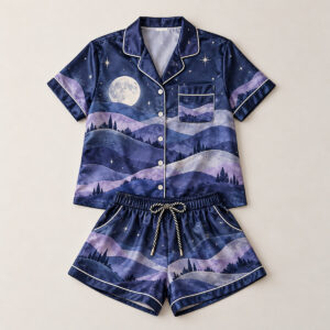 Satin Moonrise Short-Sleeve Pajama Set with all-over moonrise over hills with tiny stars in navy, lilac and silver