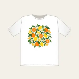 Citrus Slice Sorbet Pattern T-Shirt in white: Citrus slices and leaves in orange, lemon and green spread across cream.