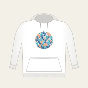 Branching Coral and Tiny Fish on Deep Blue Hoodie in white: Branching coral and small fish in teal and orange swim across a deep blue background.