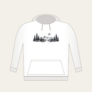 Pine Tree Line and Crescent Moon Hoodie in white: A single-tone pine tree in line drawing with a small moon curled around it.